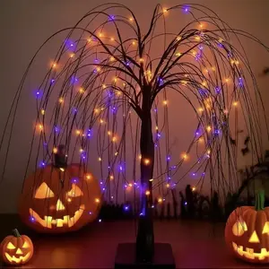 15in Plastic Halloween Lighted Willow Tree, Black Tabletop LED Tree with Orange-Purple Lights, Spooky Indoor Decor for Halloween Party, Mantel, Home Decorations