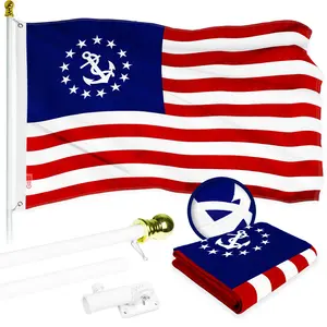 G128 Combo Pack: 6 Ft Tangle Free Aluminum Spinning Flagpole (White) & American USA Yacht Ensign Flag 3x5 Ft, ToughWeave Series Embroidered 300D Polyester | Pole with Flag Included