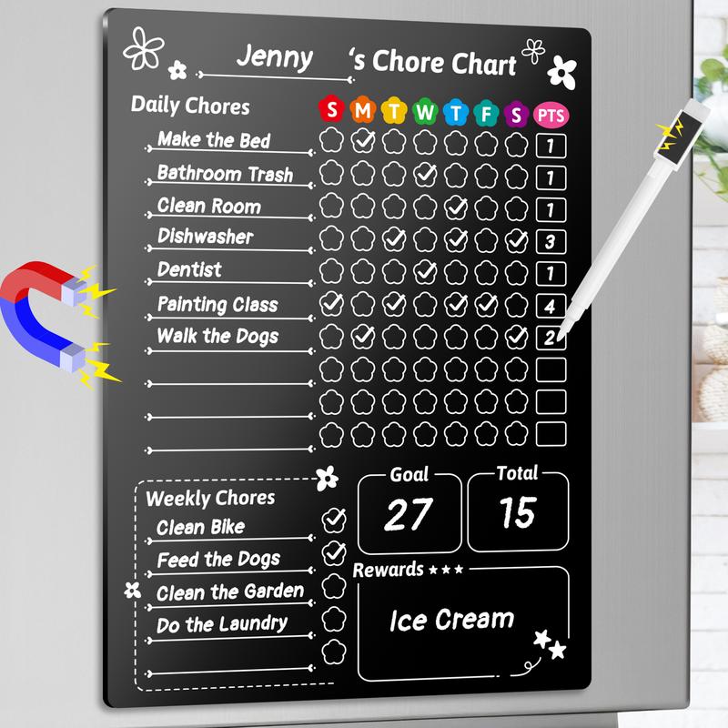 NiHome Magnetic Acrylic Chore Chart for Kids, 12"x9" Clear Black Background with 6 Hidden Strong Magnets, Scratch-Resistant Reusable Dry Erase Board for Fridge Organization and Daily Task Management