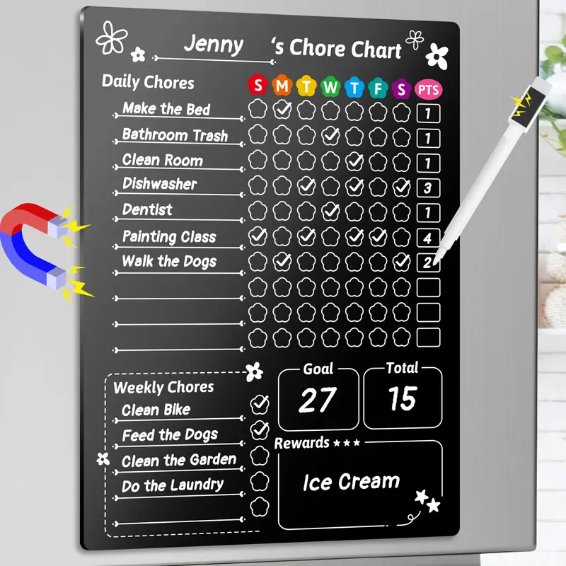 NiHome Magnetic Acrylic Chore Chart for Kids, 12"x9" Clear Black Background with 6 Hidden Strong Magnets, Scratch-Resistant Reusable Dry Erase Board for Fridge Organization and Daily Task Management