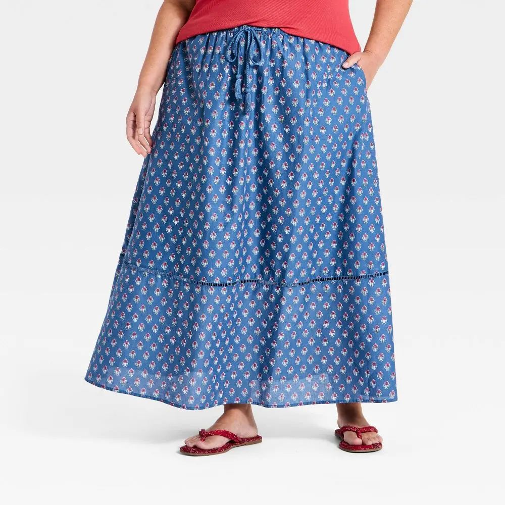 Universal Thread Women's High Rise Cotton Full Maxi Skirt - Blue Floral