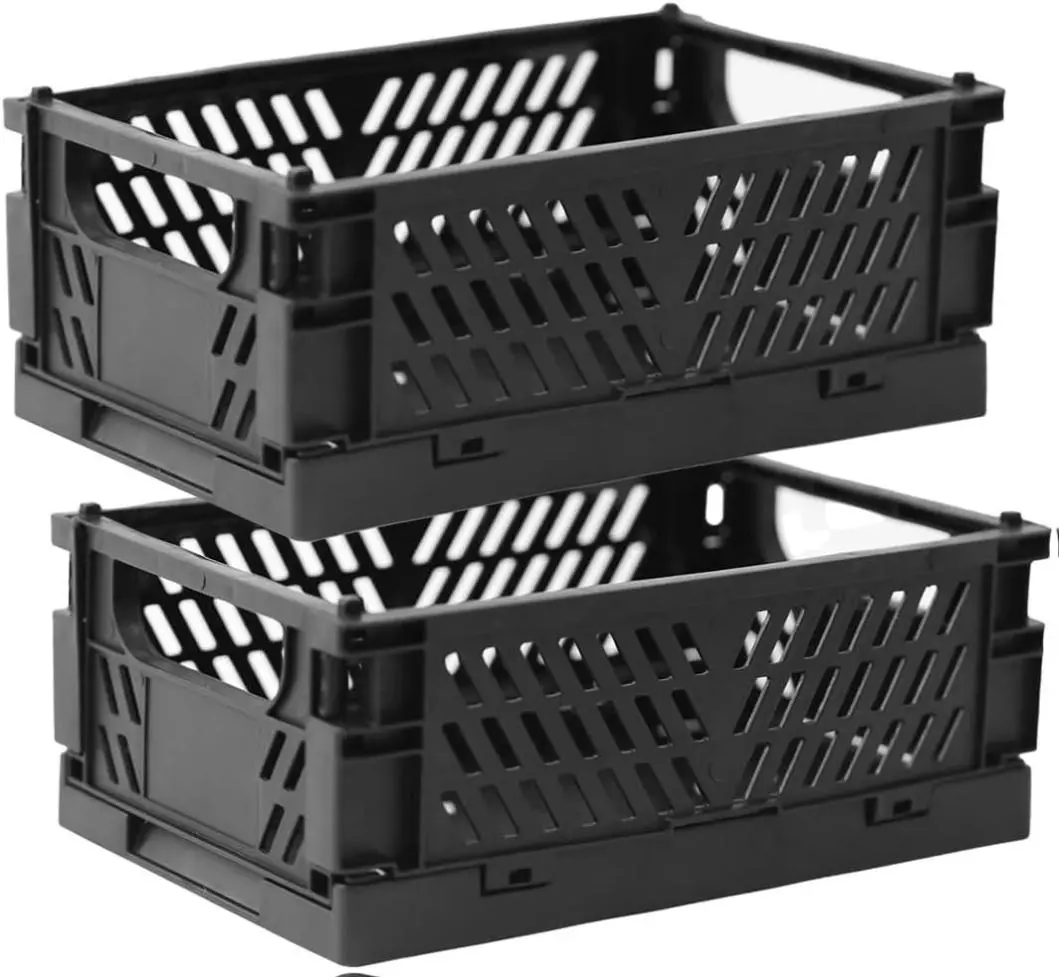2-Pack Mini Foldable Plastic Storage Box Mini Plastic Baskets for Organizing and Storage for Home Kitchen Bedroom Bathroom Office. (Black, 5.9x3.8x2.2)