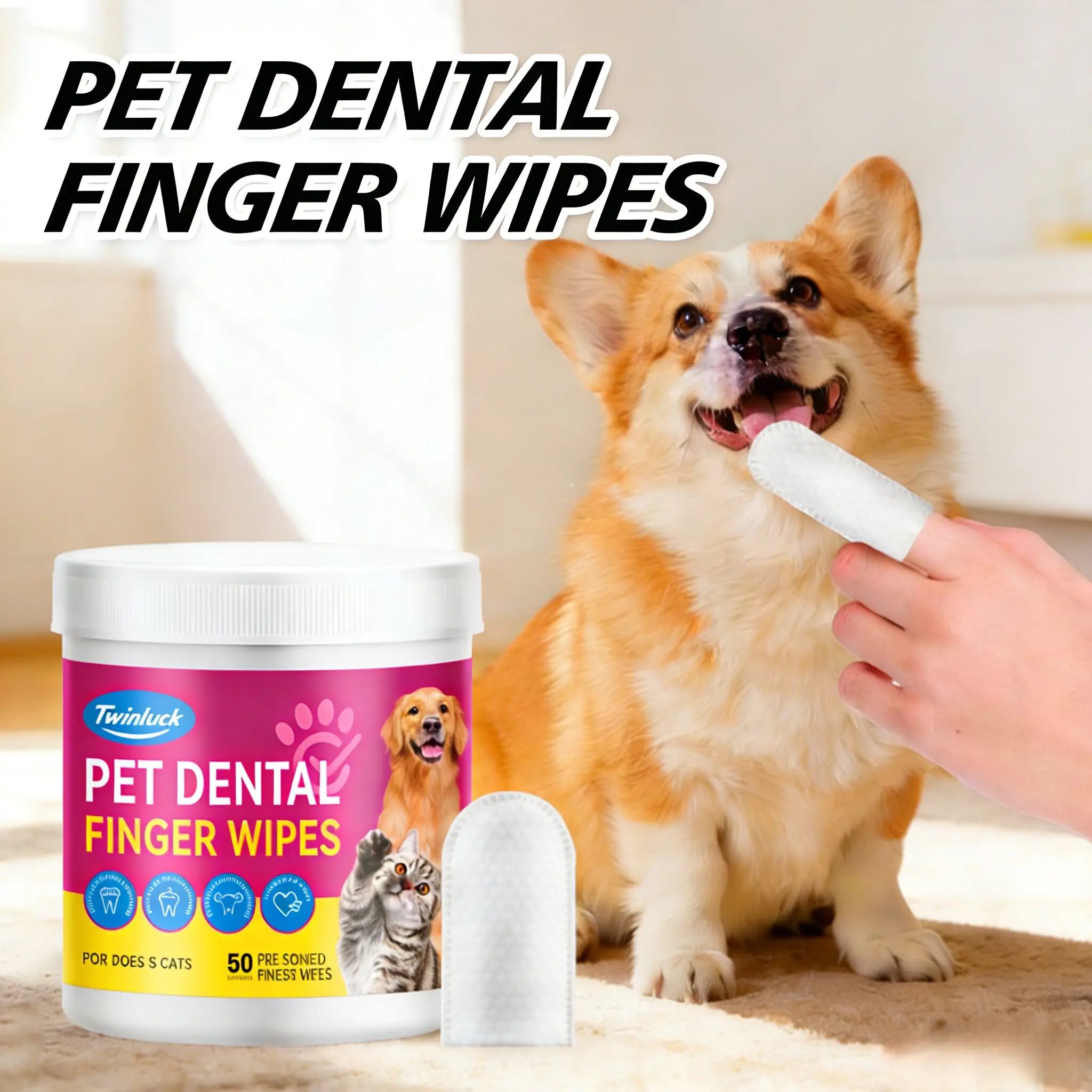 No-Rinse Dog Dental Care Wipes, Cat & Dog tooth brushing kit, Dog Wipes for Pet & Cat Teeth Cleaning, Dog toothbrush Finger Dental Wipes to Remove Plaque & Tartar, Disposable Dog Wipes - 50 Count