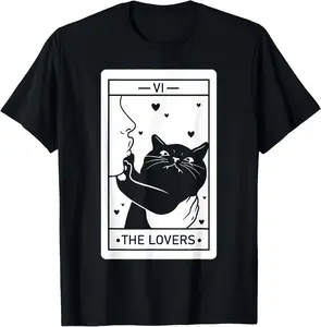 100% Cotton The Lovers Cat Humor Tarot Card Halloween Black Cats Lover T-Shirt