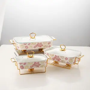 3 pieces, food heater set, ceramic heating plate buffet set, maple leaf hot stew pot set, Nordic rectangular ceramic stew pot with lid, hot food heater set with metal bracket, buffet service bowl, 30.43 oz40.58 oz57.48 oz (for cooking only)