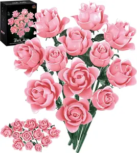 585PCS Pink Rose Art Flower Bundle Artificial Roses Bouquet Building Blocks Eternal Flower Model Assembly Toy Puzzle Toy Festival Gift Creative Building Blocks Decoration is the preferred gift for friends and lovers