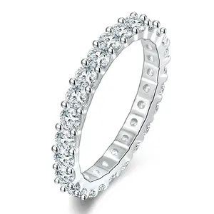 Luxury Silver Tone Full CZ Eternity Ring for Women, Sparkly Round Cut Crystal Stacking Band Ring, Elegant Wedding Promise Anniversary Jewelry Gift