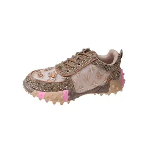2026 Fashion Trend High-Quality Comfortable Durable New Thick-Soled Casual Dad Shoes with Rhinestone Mesh Breathable Durian Sole chunky platform sneaker