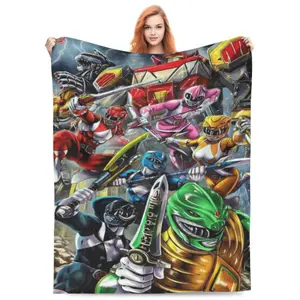 1pc Mighty Morphin Power Rangers Flannel Blanket, Red Ranger & Black Samurai Print, Soft Warm Cozy Throw for Bed Couch Dorm Decor, Nostalgic 90s Retro TV Show Fan Gift, Lightweight Skin-friendly All-Season Blanket, Machine Washable Home Bedding