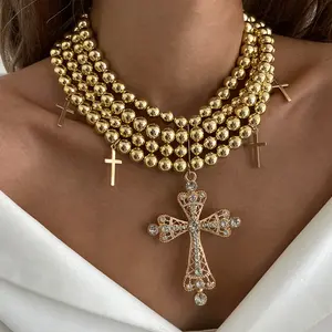 1PC Multi-Layer Gold Beaded Cross Statement Necklace for Women, Luxury Gothic Rhinestone Cross Pendant Choker, Bold Religious Streetwear Jewelry, Party Wedding Accessory, Ideal Birthday Easter Gift Gold-Plated Jesus Crucifix