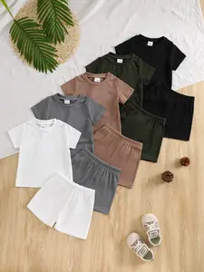 Kids' Toddler Pure Color Ribbed Knit Fabric Short Sleeve T-Shirt and Pants Set, Clothing Sets, Casual Comfortable Skin-Friendly, Perfect for Outdoor Activities
