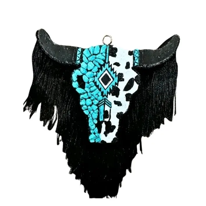 Cow Skull Freshie with Fringe and Small Blue Stone - Black Fringe Design with Stone Accents
