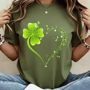 Crew Neck T Shirt  Four Leaf Clover Heart Design St Patrick's Day Celebration