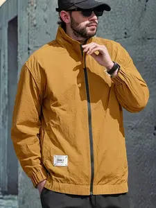 Men's Oversized Coach's Jacket, Stand Collar Full Zip Windbreaker, Embroidered Patch Detail, Casual Spring Fall Outerwear