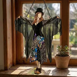 Gothic Boho Acrylic Suncatcher - Mystic Woman Wearing Black Lace Outfit and Top Hat Round Hanging Window Decor Retro 70s Aesthetic Sun Catcher Gift Idea for Witchy Home Spiritual and Boho Decor Lovers