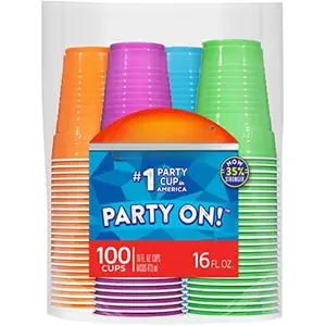 Party On Disposable Plastic Cups, Assorted, 16 Ounce, 100 Count
