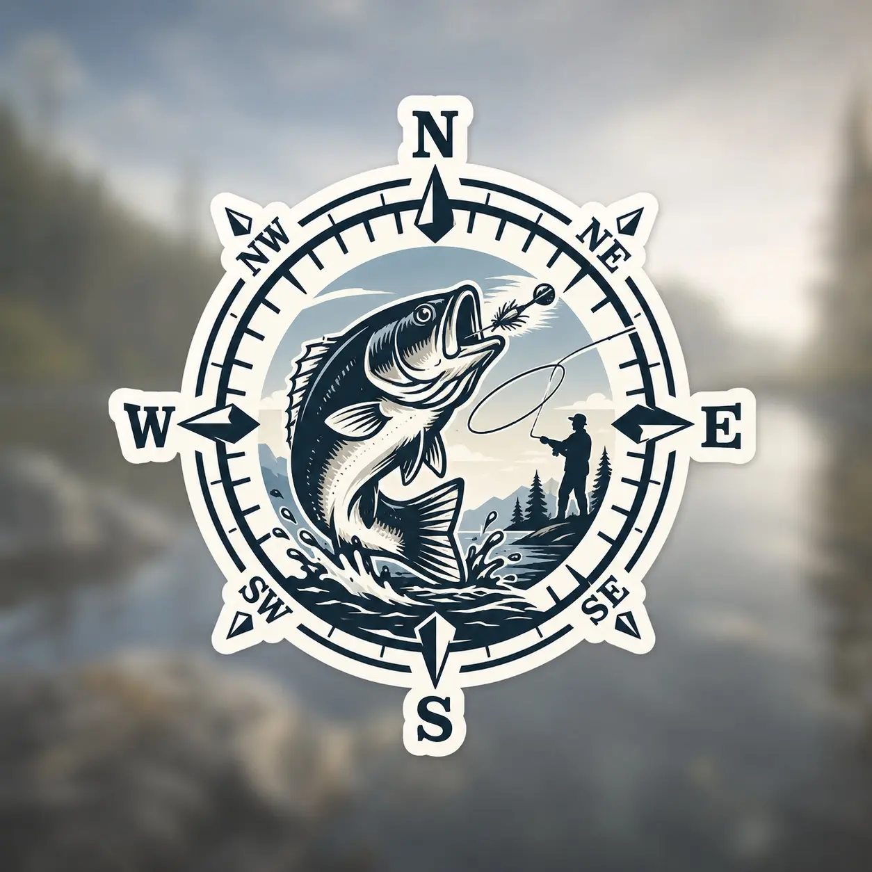 Outdoor Navigator Series Vinyl Sticker, Waterproof Die Cut Bass Fishing Compass Fisherman, Phone Car Boat Tackle Box Truck Decal
