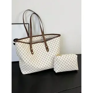 Women's Fashionable Geometric Pattern Tote Bag & Cosmetic Bag, Stylish Casual Versatile Zipper Shoulder Bag & Cosmetic Bag, Trendy Bag Set for Daily Use