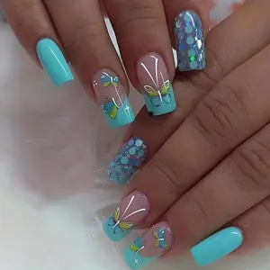 French-Style Turquoise (Blue-Green) Glossy Nail Extensions - Square Medium-Length Press-On Nails with Butterfly & Eucalyptus Flower Design, Machine-Worn Natural Nail Tips for