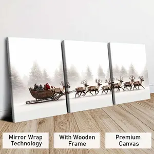 3-Piece Modern Art Canvas Prints, Solid Wood Framed Wall Decor, Christmas Landscape & Reindeer Design, Ideal Gift for Home Decoration