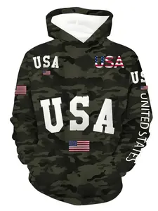 New American Camo Men's Long Sleeve Hoodie, Fitted Large Size Patriotic Camouflage Print Usa Flag Hooded Sweatshirt, Stretch Polyester Blend, Casual Sporty Fashion, Hoodie Sweatshirts