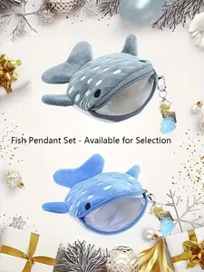 2pcs/1set  Cute Mini Shark Shape Storage Bag Set, Portable Zipper Pouches with Devil Eye or Fish Charm, Ideal for Coins, Jewelry, Data Cables