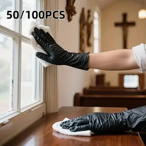50/100pcs Black PVC Disposable Gloves, Latex-Free Kitchen Cleaning Gloves for Dishwashing, Home Kitchen Cleaning Gloves, Disposable Thickened Gloves for Indoor and Outdoor Use