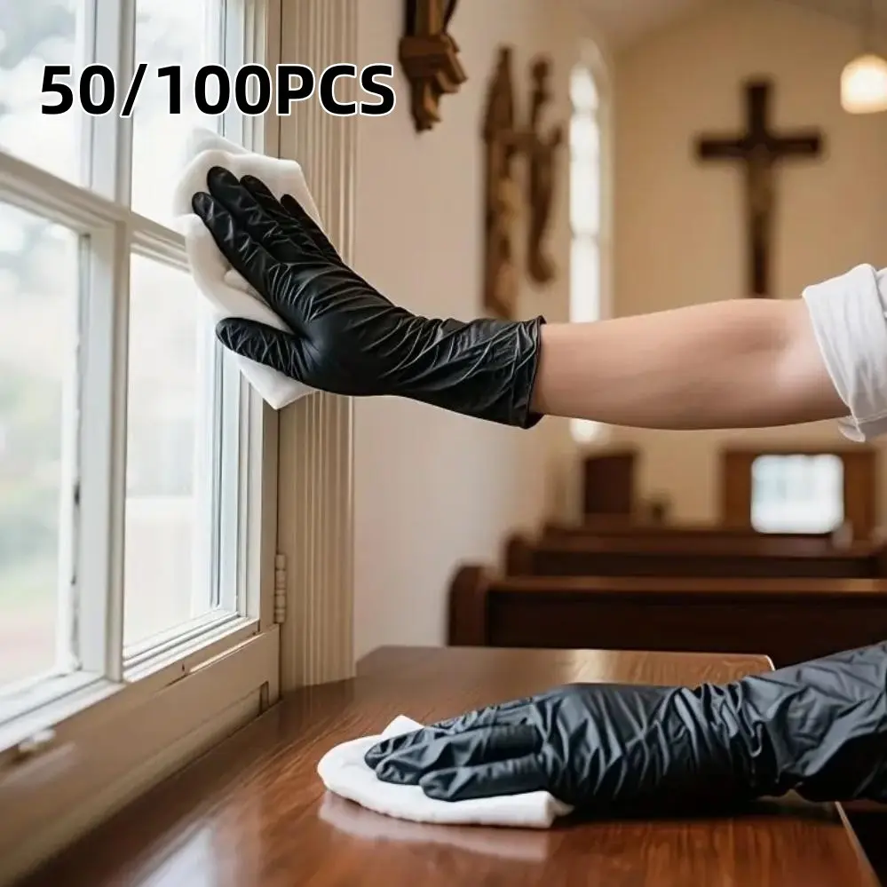 50/100pcs Black PVC Disposable Gloves, Latex-Free Kitchen Cleaning Gloves for Dishwashing, Home Kitchen Cleaning Gloves, Disposable Thickened Gloves for Indoor and Outdoor Use, Household Cleaning Gloves, Kitchen Gloves for Washing Dishes