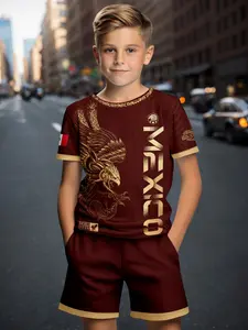 Mexican Eagle Theme Kids Short Sleeve Set, Gold Trendy Two-Piece, Casual Slim-Fitting Graphic Design for Children