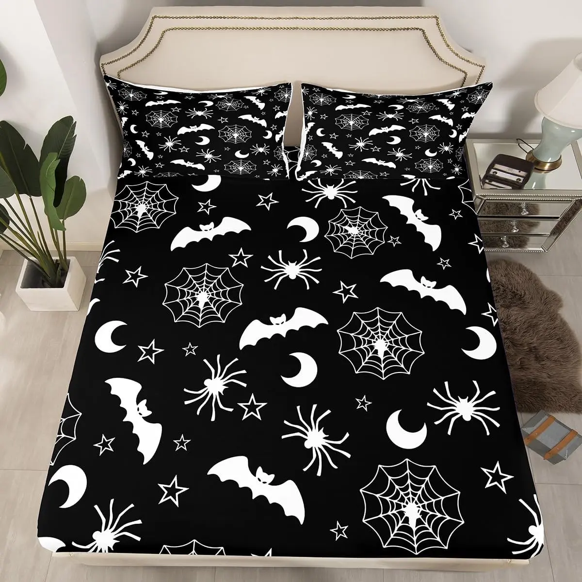 Feelyou Halloween Spider Bats Decorative Bedroom Bedding Set - Horror Retro Design, Stars and Moon Fitted Sheet, Black Bedsheet Set (No Top Sheet), Decorative Bedding Set