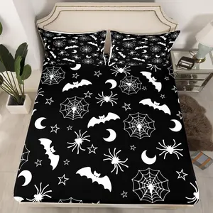 Halloween Spider Bats Bed Sheets,Horror Retro Bedding Set Decoration,Stars Moon Fitted Sheet Black Halloween Sheets Set,No Top Sheet