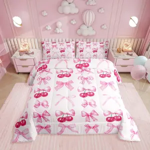 Feelyou Pink Plaid Bow Microfiber Bedding Comforter Set - Cute Bowknot, Soft Breathable, Cherry Pattern Grids Ribbon, Kawaii Watercolor Duvet Insert, Microfiber Bedding Set