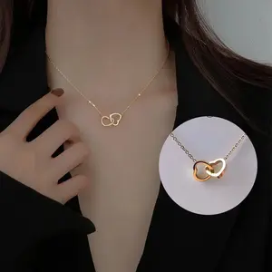18K Rose Gold Double Circle Necklace, Minimalist Layered Pendant Jewelry, Titanium Steel Waterproof Non Tarnish Dainty Necklace, Hypoallergenic Fashion Jewelry for Daily Wear & Gift for Her summerwins