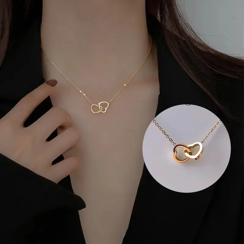 18K Rose Gold Double Circle Necklace, Minimalist Layered Pendant Jewelry, Titanium Steel Waterproof Non Tarnish Dainty Necklace, Hypoallergenic Fashion Jewelry for Daily Wear & Gift for Her