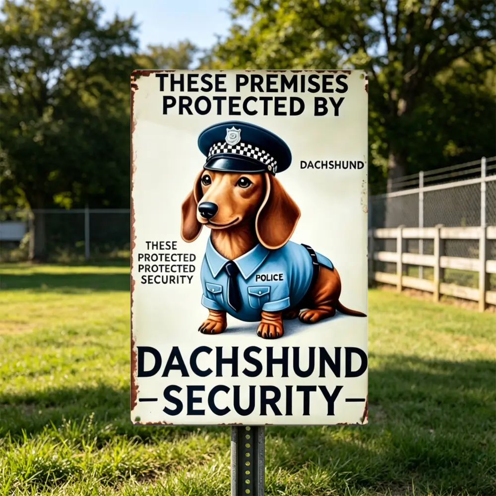 Antique Retro Metal Decorative Hanging Plaque - Funny Dachshund Police Wiener Dog Security Warning, Cute Cartoon Quirky Graphic, Farmhouse Wall Art, Gift for Dachshund Lovers, Vintage Plaque Decoration