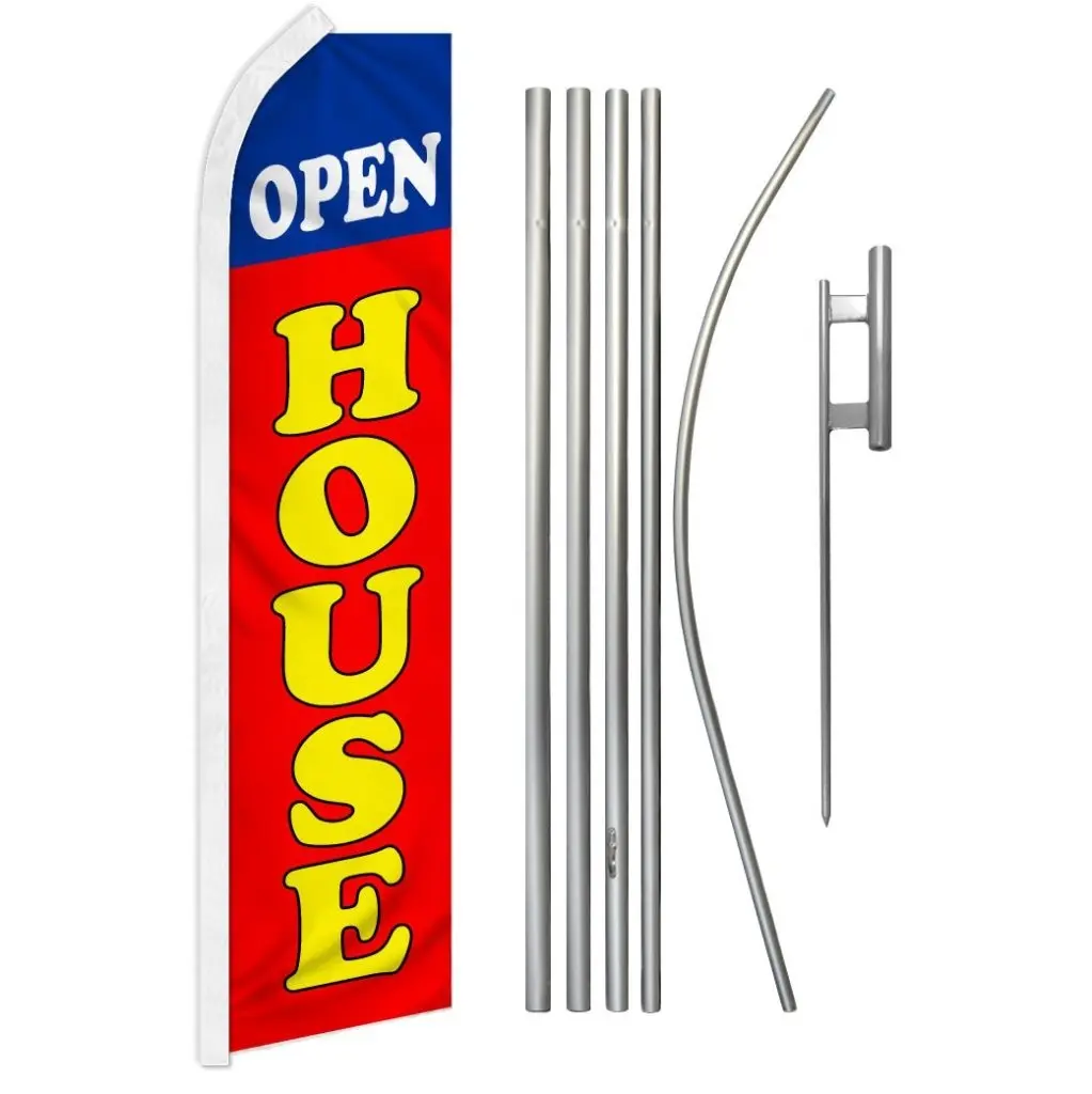 Large Blue & Red Polyester Open House Flag & Banner Pole Kit with Steel-Aluminium Components, Windproof, Synthetic, Curved Sleeve