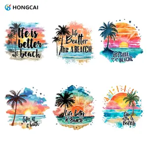 Summer Beach Watercolor Art Heat Transfer Vinyl Set, Palm Tree Sunset Theme Iron-On Patches for Clothes, Bags & Hats Decoration, Watercolor Painting