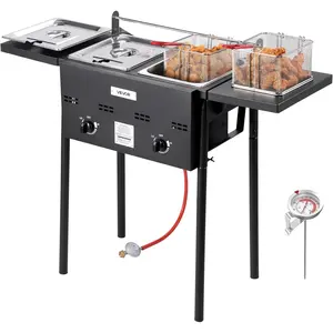 TikTokShopBlackFridayVEVOR Outdoor Propane Deep Fryer, Dual-Tank 8QTx2 Commercial Fryer, Stainless Steel Cooker with Foldable Platform, Dual Basket, and Heat Adjustment, Floor Standing Fryers for Restaurant Home Snack Bar