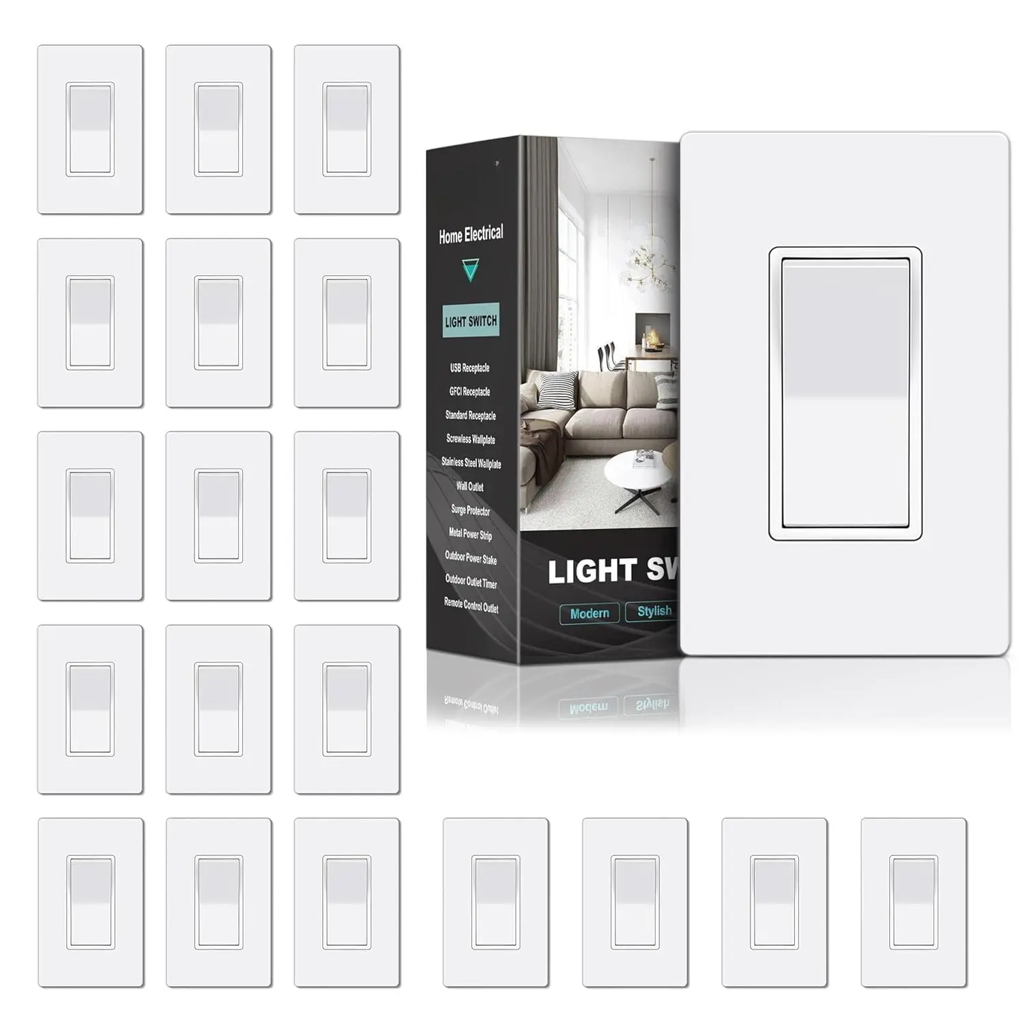 20 Pack Single Pole Decorator Light  with Screwless Wall Plate, Paddle Rocker Wall ,15A 120/277V, /Off Interrupter, UL Listed, W