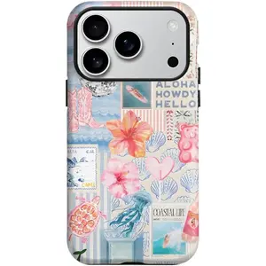 For iPhone 17 Pro Case, Summer Beach Ocean Vintage Seashell Flower Collage Design Cover, Cute Aesthetic Hybrid 2-Layer Hard Shell Shockproof Phone Case for Girls Women 6.3''