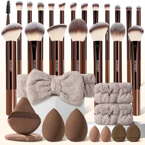 Ultimate 31-Piece Brown Makeup Brush and Essential Tool Kit, Complete Collection With Versatile Face And Eye Brushes, Blending Brush, Plus Beauty Sponges, Makeup Puffs, Headband, and Wristbands, Your All-In-One Solution For Every Makeup Need