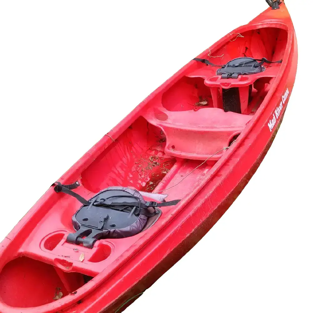 Mad River Adventure 14 Canoe with Cabela's Telescopic Paddle and Trolling Motor Red Kayak for Outdoor Adventures