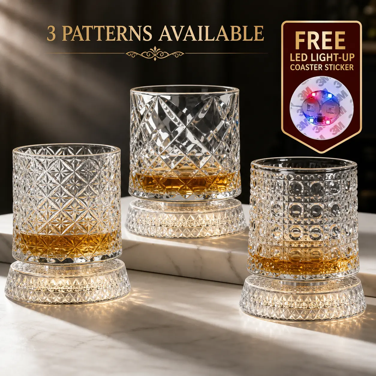 【Free Glowing Lamp】Premium Diamond-Cut Crystal Glass Whiskey Tumbler with 360° Spin Base, Smoothly Spinning Tumbler Shape, Deluxe Barware Gift Set