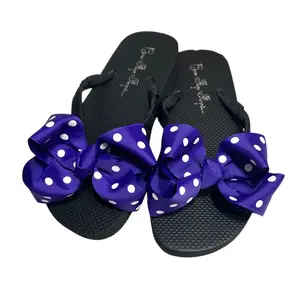 Purple Cute Polka Dot Bow Flip Flops for Ladies Sandals, Black Flat Women Summer Shoes