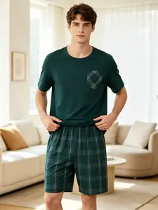 Men's Summer Thin Sleepwear Set, Loungewear, Short Sleeve Shorts, Plaid Lines Design, Casual Home Wear, 2 Piece Set, Comfortable and Stylish, Homewear