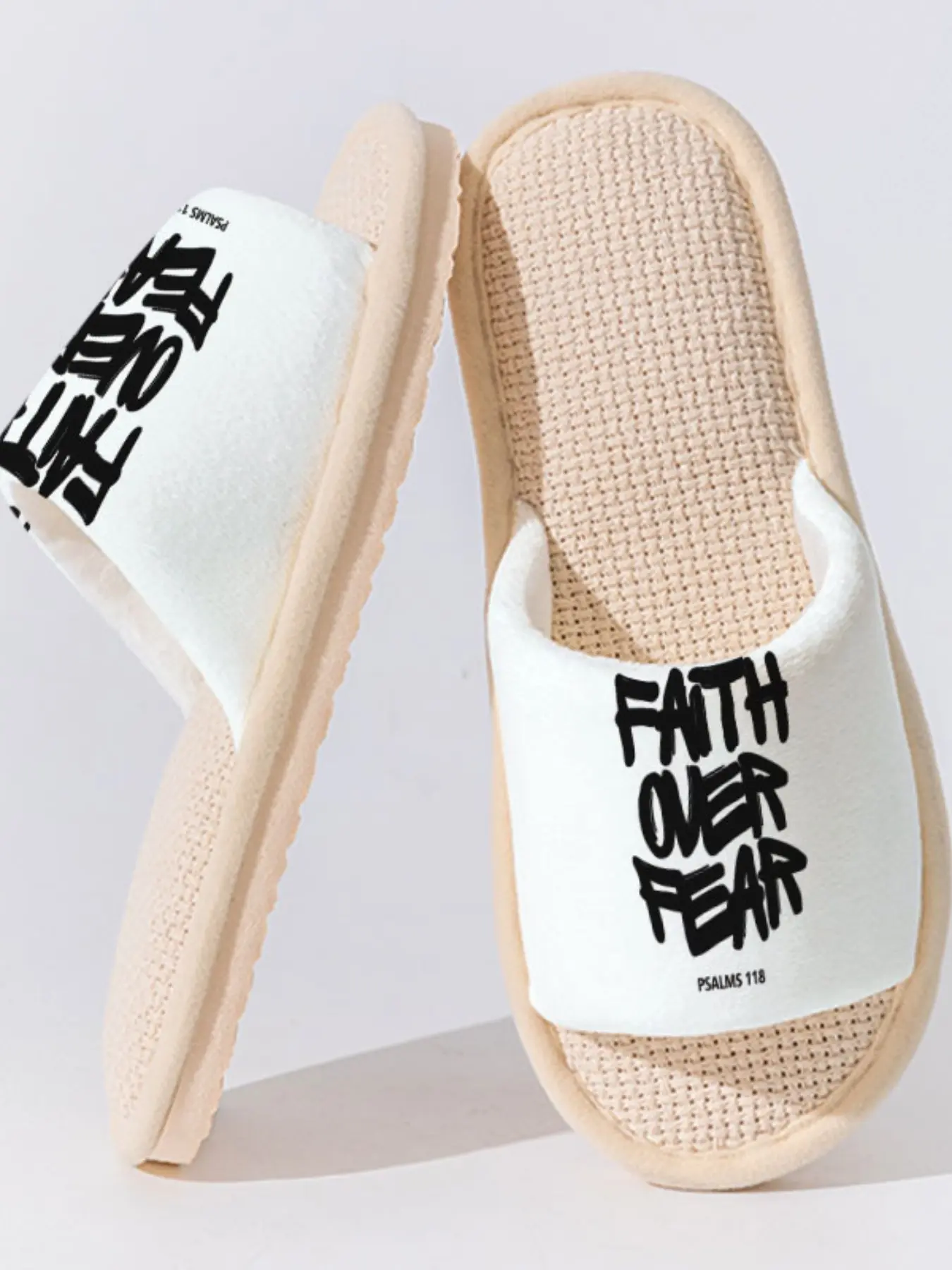 Faith over Fear Linen Slippers, Street Faith Style, Breathable Non-Slip Sole, Casual Home Wear, All Seasons, Less Than Ankle Height