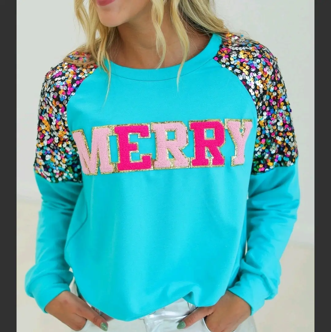 Merry Turquoise Christmas Sweatshirt with Sequins for Women - Pullover - Womenswear christmas sweatshirt gift sweatshirt friend