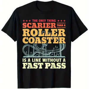 Six Specifications Available Retro Roller Coaster Pattern T-Shirt "Scary Roller Coaster" Humorous Design 100% Heavy Unisex Casual Style S to XXXL Sizes Black Daily Wear Printed Durable Printing Men's T-Shirts Comfortable Wear Fun Shirts Casual