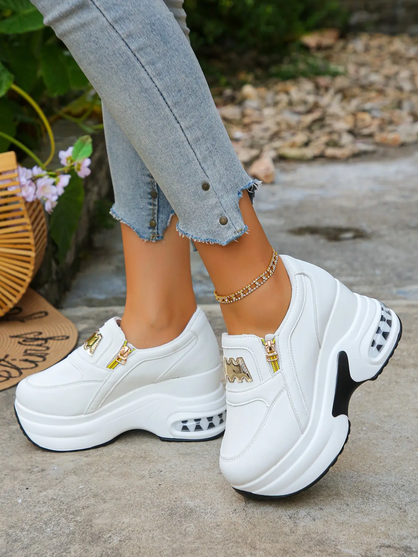 Women's Fashion Wedge Platform Hidden Heel Closed Sneakers, Double Side Zipper Design, Comfortable Casual Wedge Trainers Walking Shoes for Daily & Commute, Must-Have for Petite Ladies, Footwear