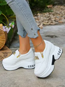 Women's Fashion Wedge Platform Hidden Heel Closed Sneakers, Double Side Zipper Design, Comfortable Casual Walking Shoes for Daily & Commute, Must-Have for Petite Ladies